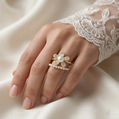 Adjustable, 18Kt Gold Plated Luxe Pearl Flower Stackable Rings