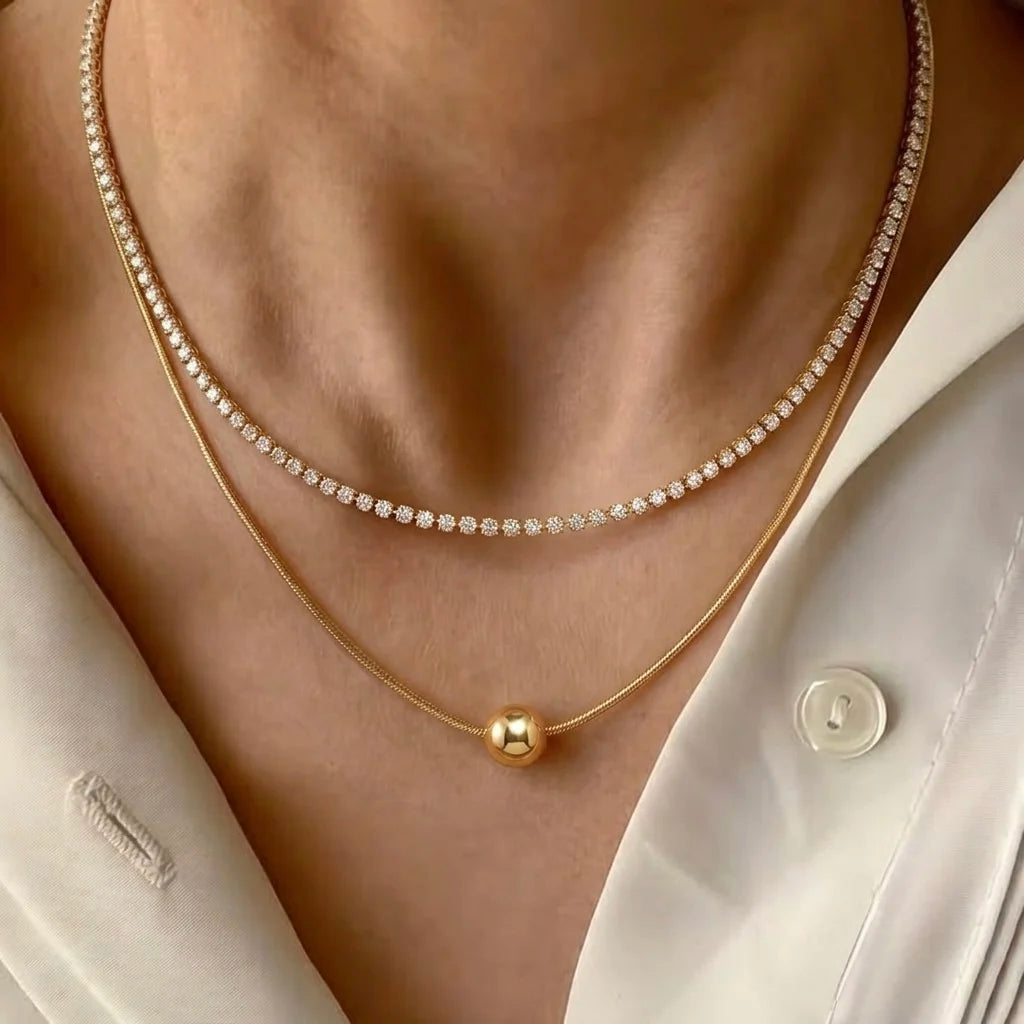 18Kt Gold Plated CZ Tennis & Ball Pendant Necklace