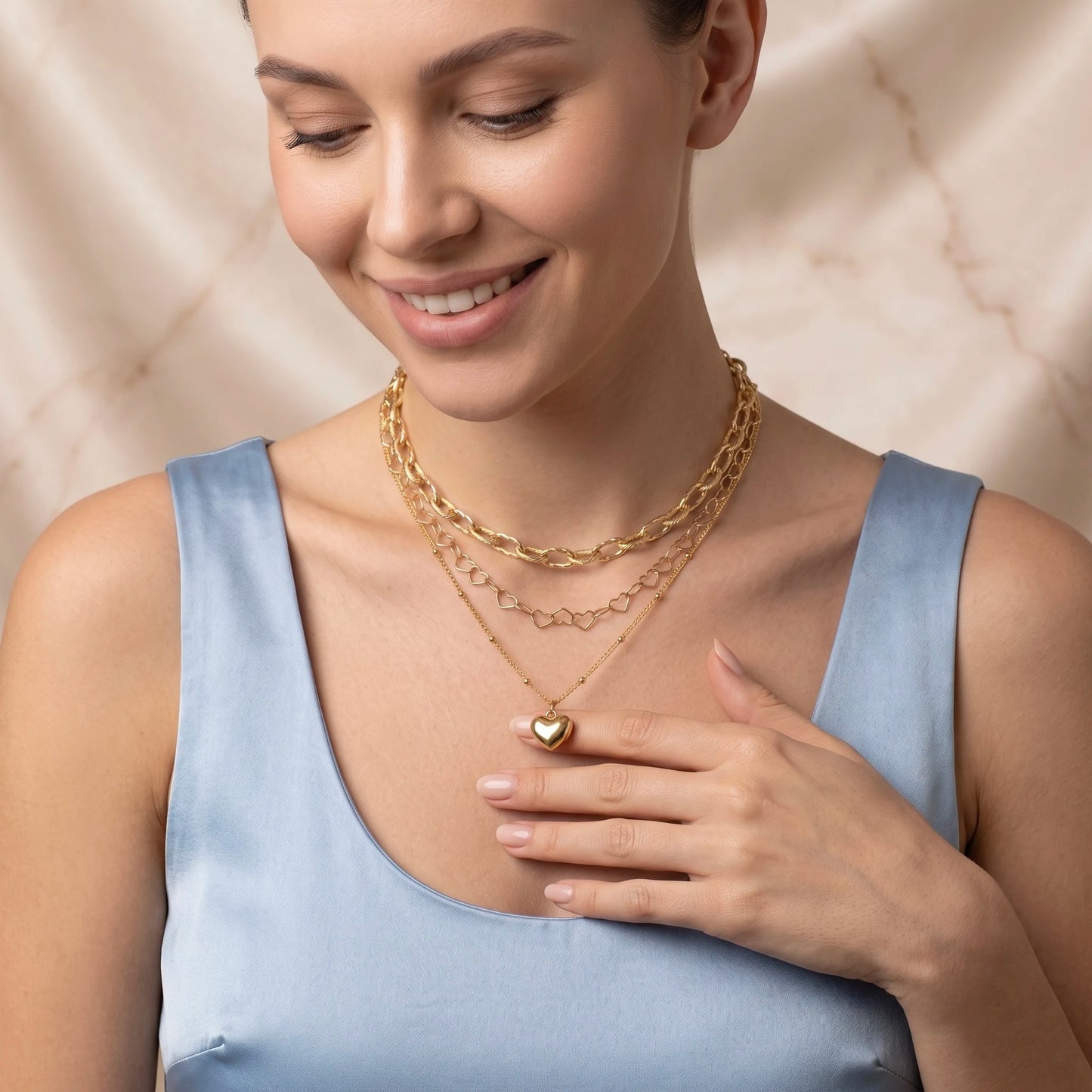 18Kt Gold Plated Triple Layer Heart Pendant Necklace