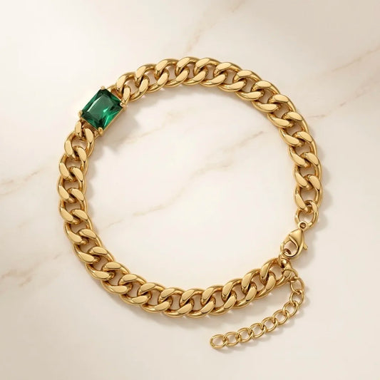 18Kt Gold Plated Emerald Green Crystal Cuban Link Bracelet