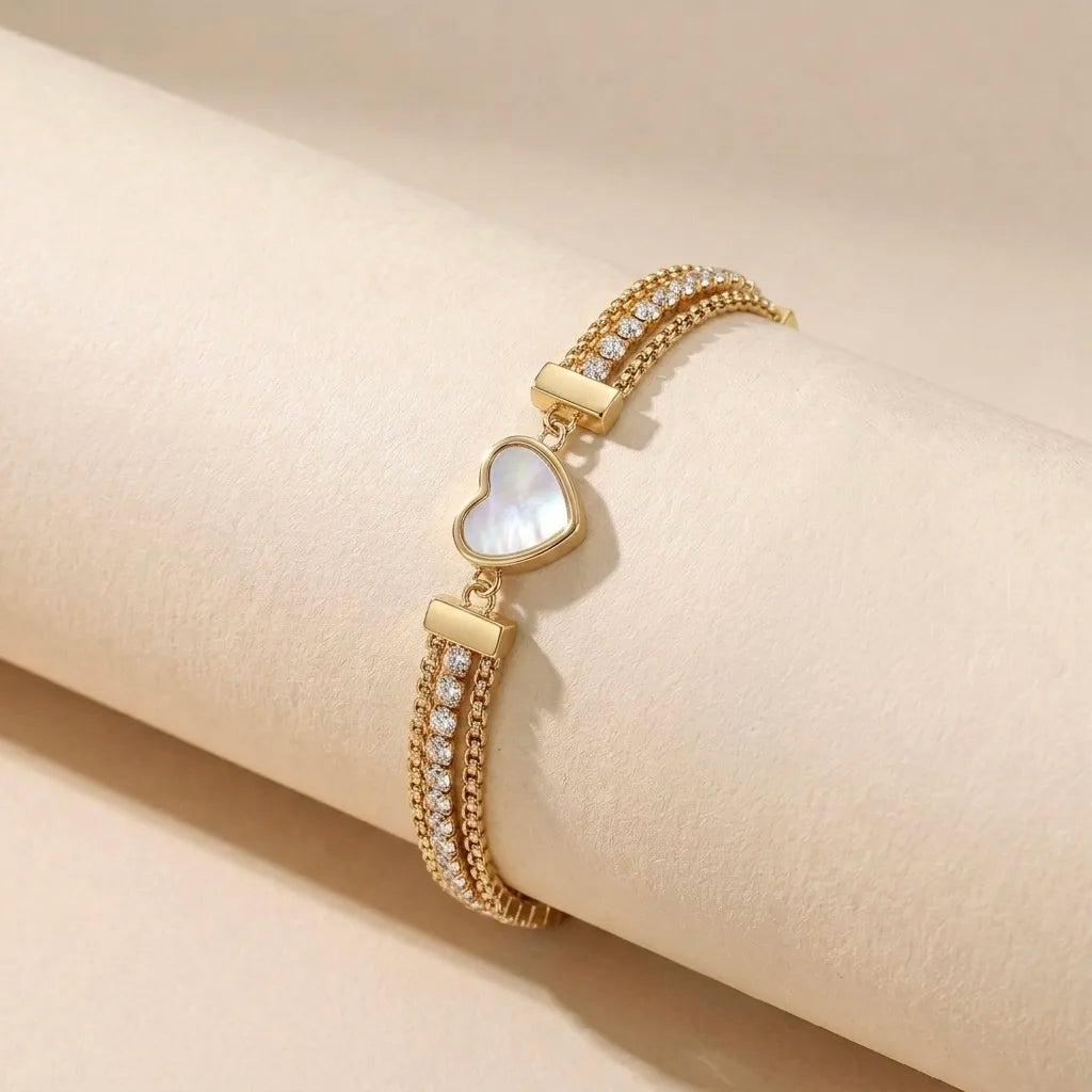 18Kt Gold Plated Mother of Pearl Heart Crystal Layered Bracelet