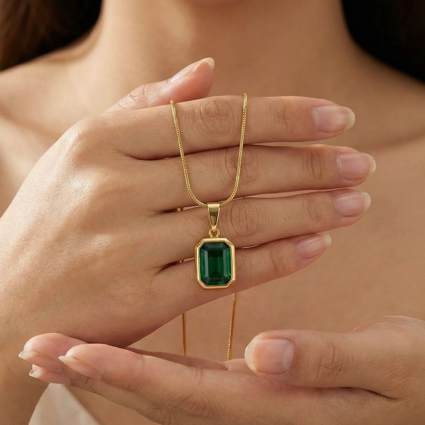 18KT Gold Plated Timeless Emerald Charm Necklace