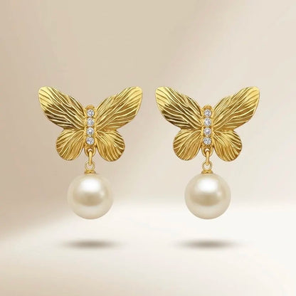 18KT Gold Plated Pearl Drop Butterfly Earrings
