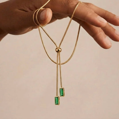 18Kt Gold Plated Green Crystal Y Drop Necklace