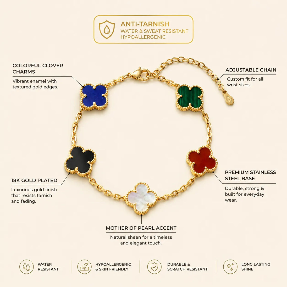 18Kt Gold Plated Multicolor Clover Charm Bracelet
