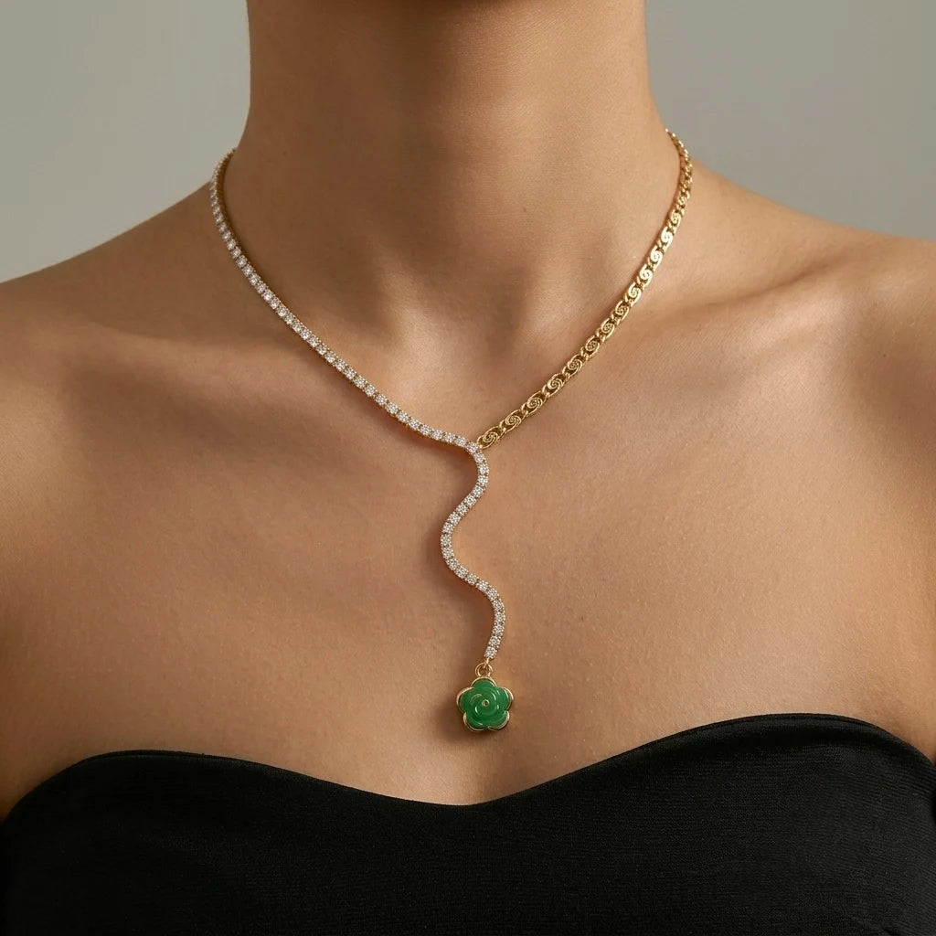18Kt Gold Plated Green Crystal Floral Y Necklace