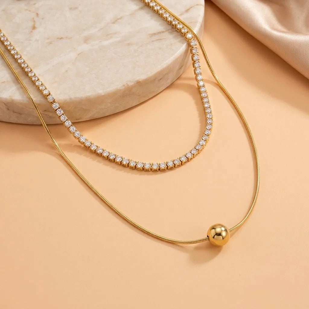 18Kt Gold Plated CZ Tennis & Ball Pendant Necklace