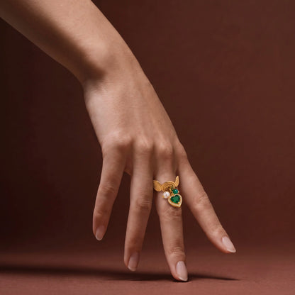 18Kt Gold Plated Emerald Green Heart Charm Adjustable Ring