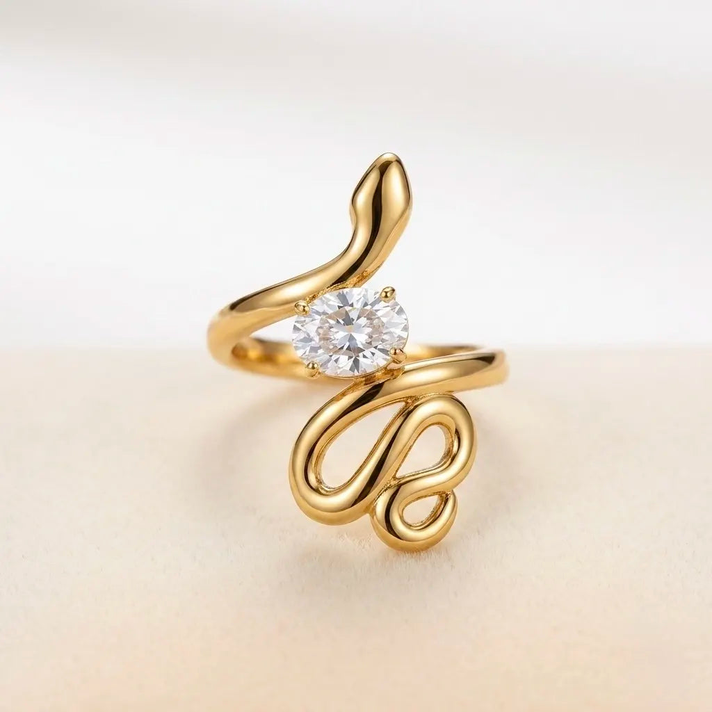 Adjustable, 18Kt Gold Plated Snake Wrap Crystal Ring