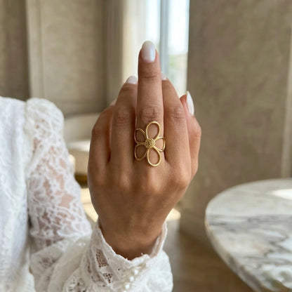 Adjustable, 18Kt Gold Plated Open Flower Designer Ring