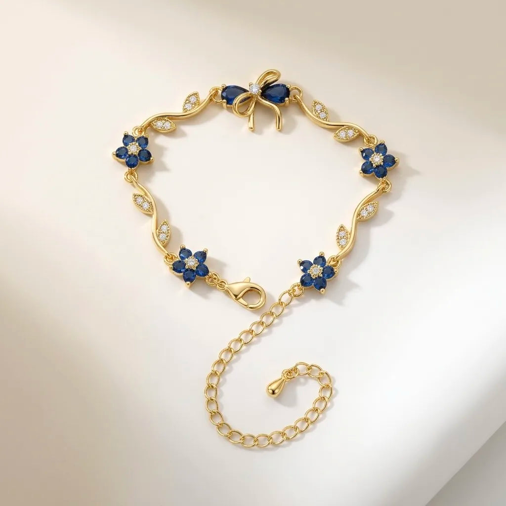 18Kt Gold Plated Sapphire Floral Bow Bracelet