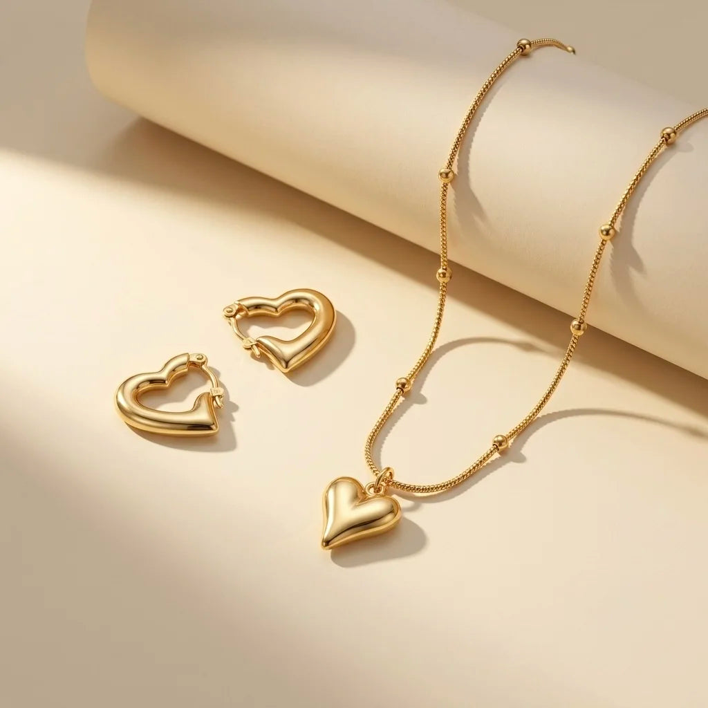 18Kt Gold Plated Heart Necklace & Heart Hoop Jewellery Set