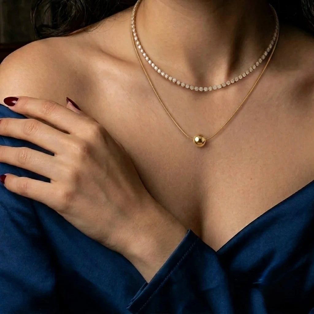 18Kt Gold Plated CZ Tennis & Ball Pendant Necklace