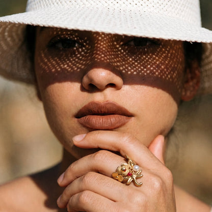 18Kt Gold Plated Floral Dragonfly Charm Statement  adjustable Ring