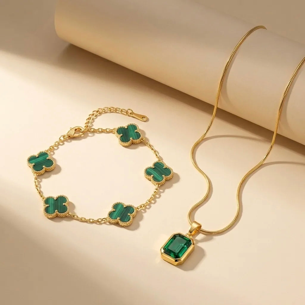 18Kt Gold Plated Green Crystal Pendant & Clover Bracelet Set