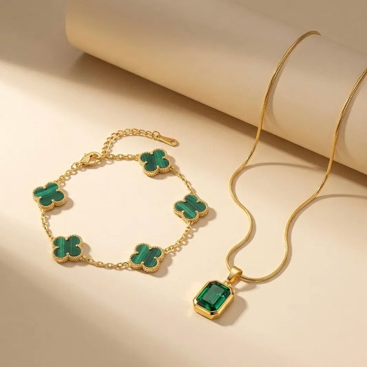 18Kt Gold Plated Green Crystal Pendant & Clover Bracelet Set