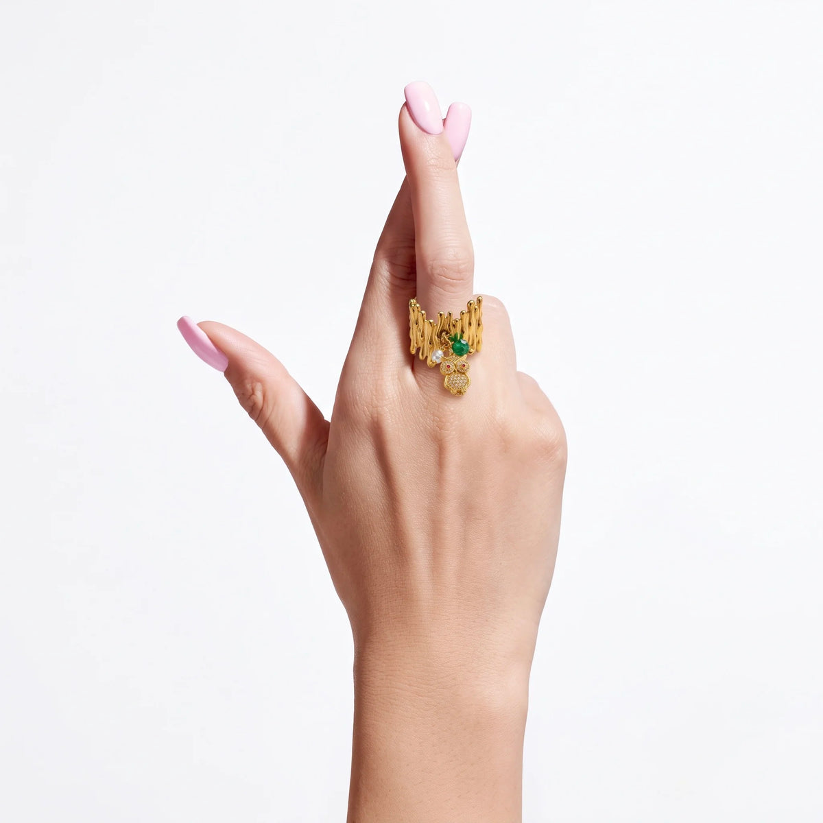 18Kt Gold Plated Textured Statement Adjustable Ring with Owl Charm