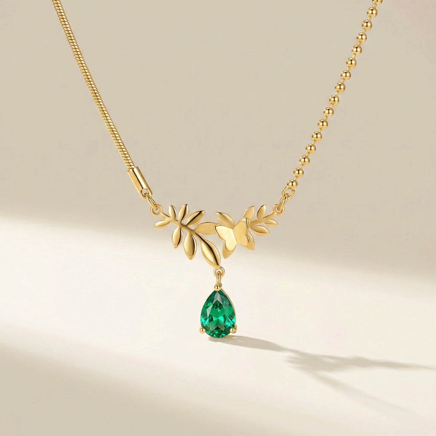18Kt Gold Plated Butterfly & Leaf Drop Necklace
