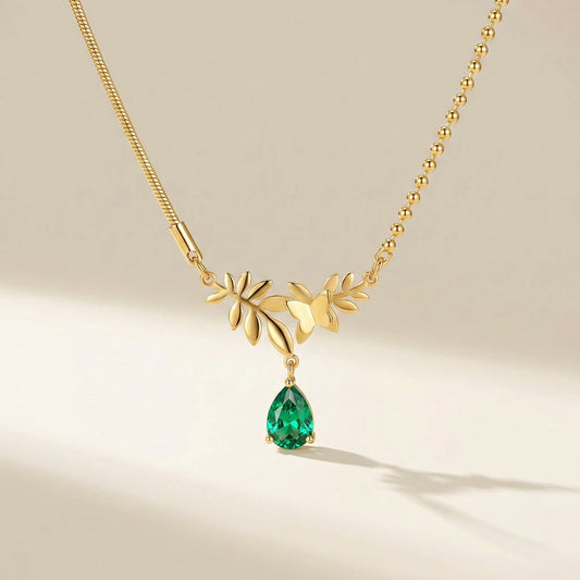 18Kt Gold Plated Butterfly & Leaf Drop Necklace