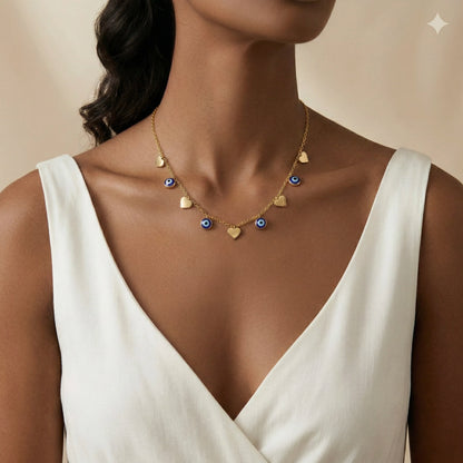 18Kt Gold Plated Evil Eye & Heart Charm Necklace