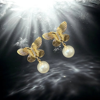 Pearl Drop Butterfly Earrings – 18K Gold Plated Anti-Tarnish