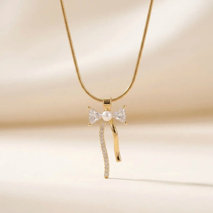 18Kt Gold Plated Bow Shaped Pearl Necklace