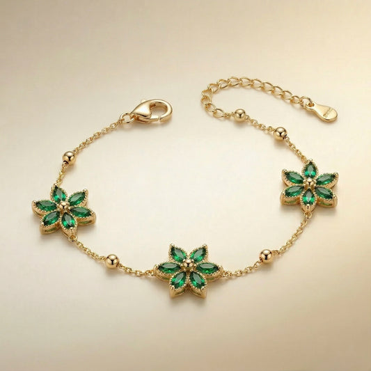 18Kt Gold Plated Green Floral Charm Bracelet ✨