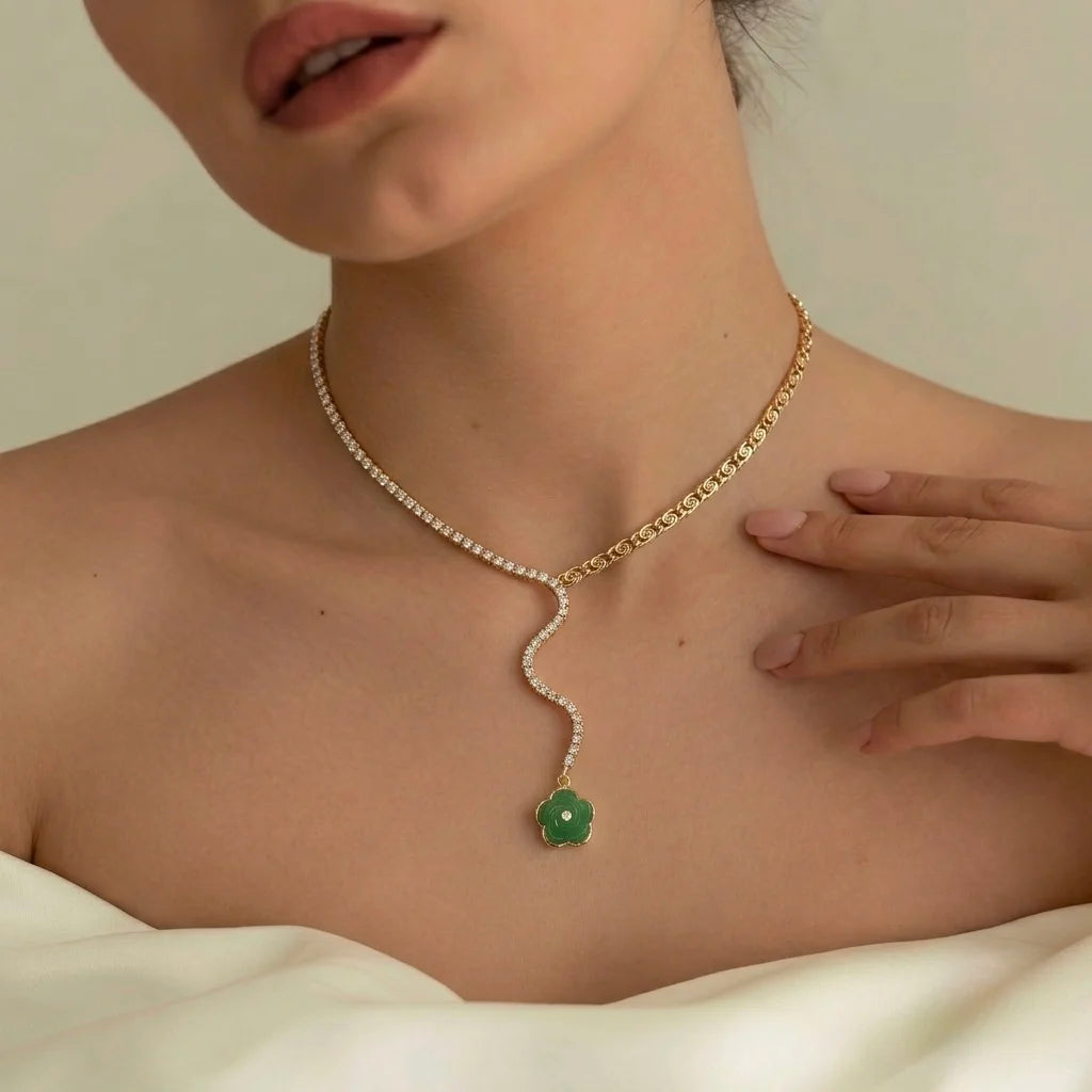 18Kt Gold Plated Green Crystal Floral Y Necklace