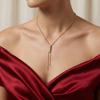 18Kt Gold Plated CZ Bar Tassel Necklace