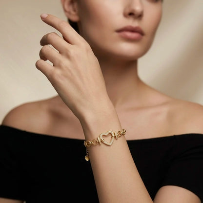 18Kt Gold Plated Pave Heart Link Bracelet