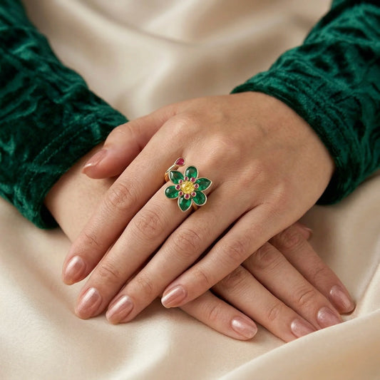 Adjustable, 18Kt Gold Plated Emerald Floral Cocktail Ring, Adjustable