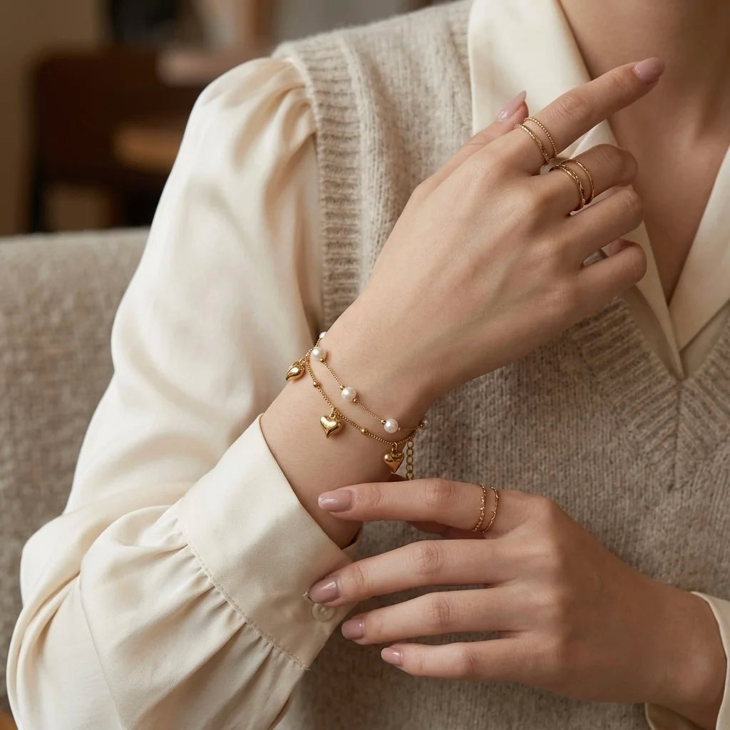 18Kt Gold Plated Layered Heart Charm Pearl Bracelet