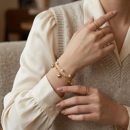 18Kt Gold Plated Layered Heart Charm Pearl Bracelet