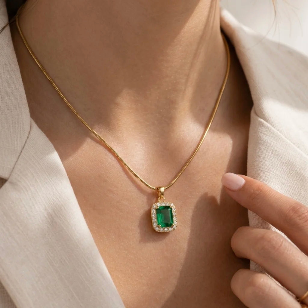 18Kt Gold Plated Emerald Green Crystal Pendant Necklace