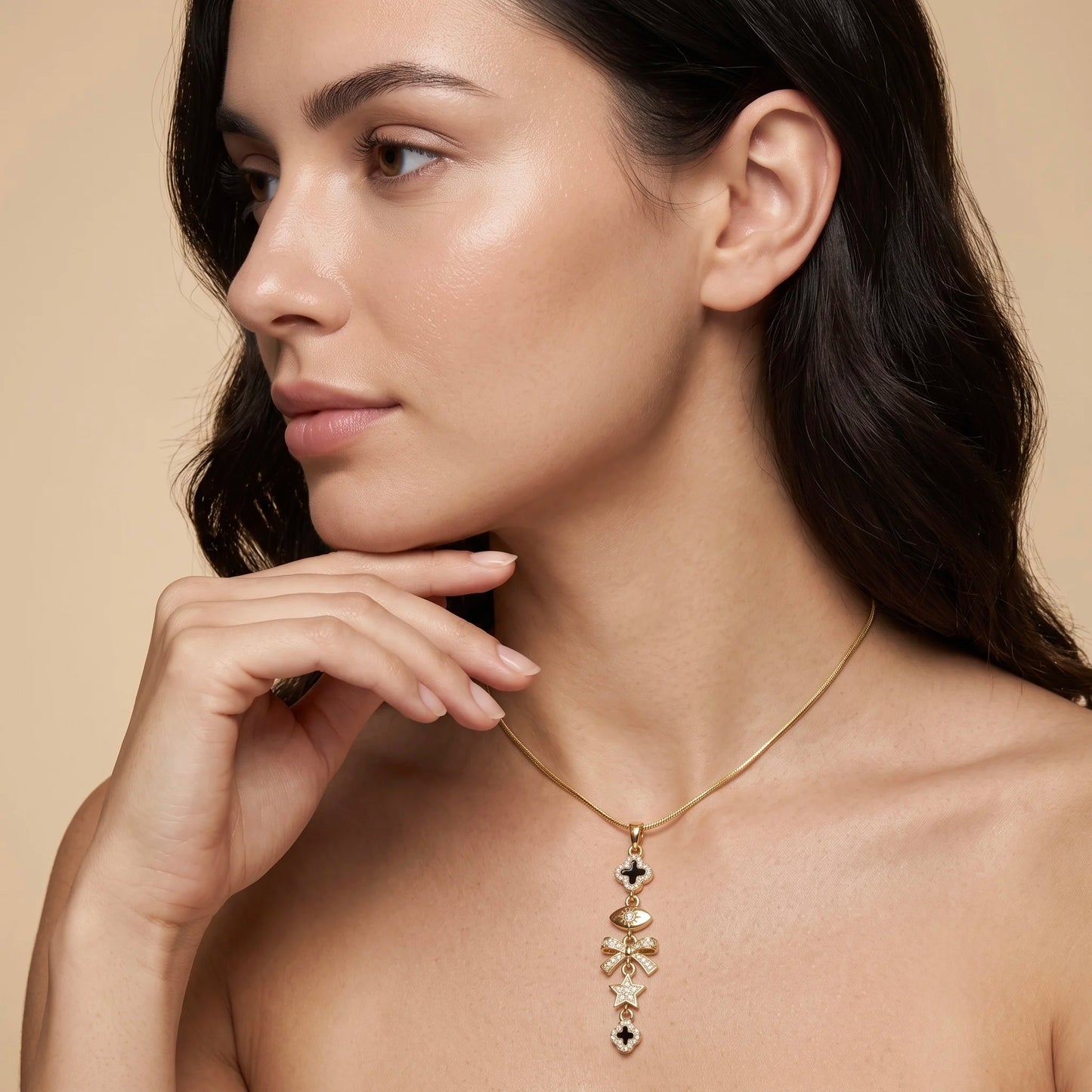 18Kt Gold Plated Bow & Star Charm Y Necklace
