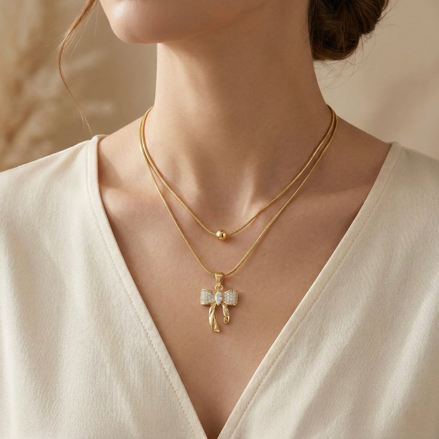 18Kt Gold Plated Double Layer Bow Pendant Necklace