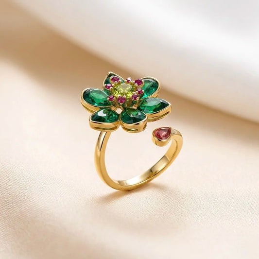 Adjustable, 18Kt Gold Plated Emerald Floral Cocktail Ring, Adjustable
