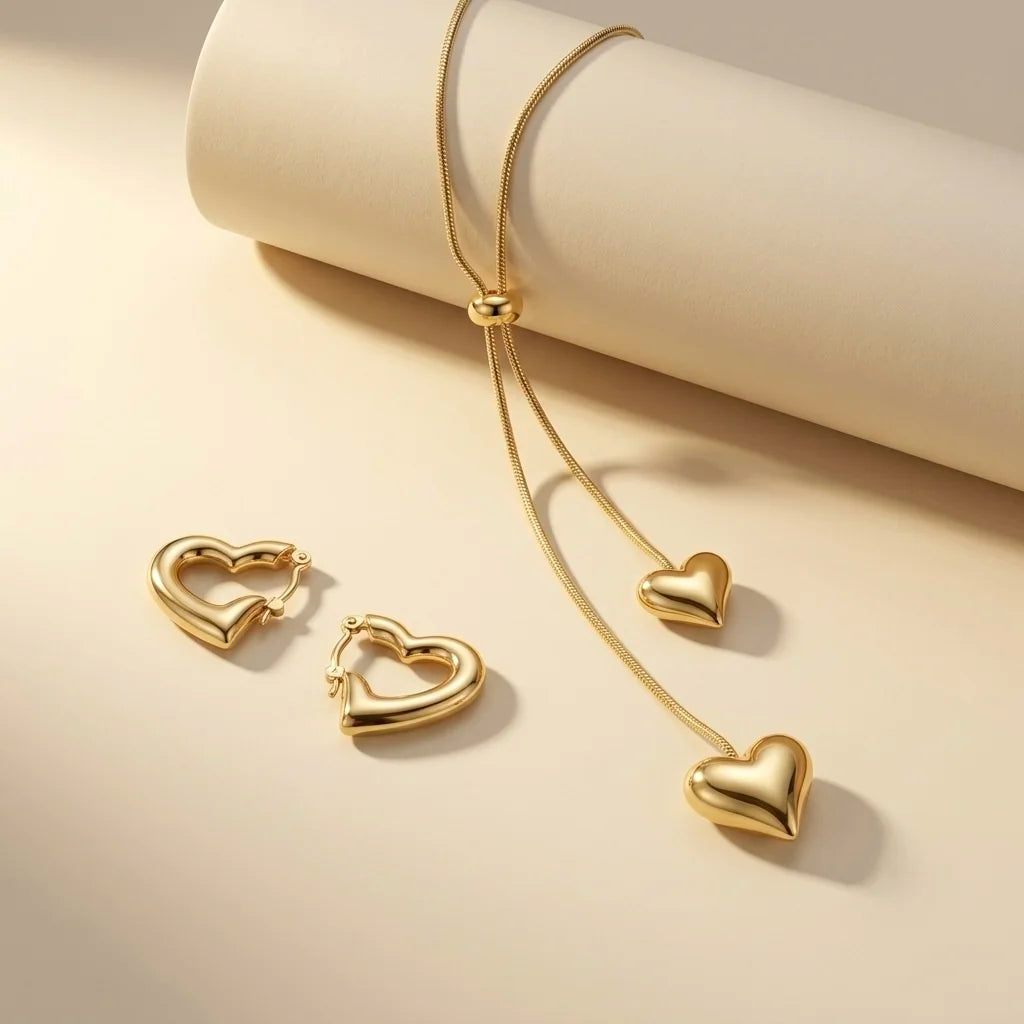 18Kt Gold Plated Adjustable Heart Necklace & Earrings Set
