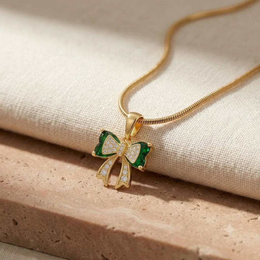 18Kt Gold Plated Green Bow Charm Necklace