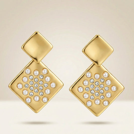 18KT Gold Plated Pearl Prism Square Earrings