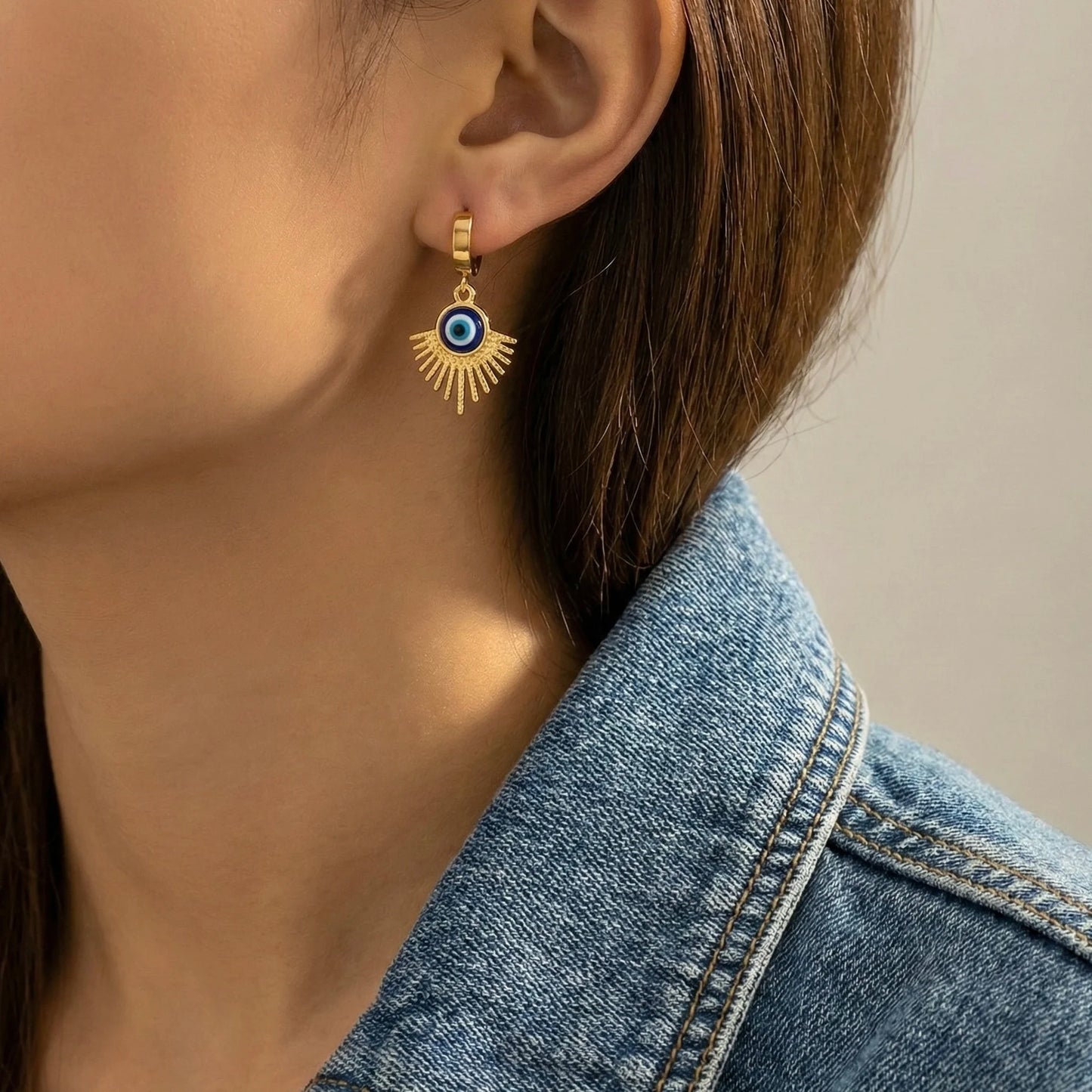 18KT Gold Plated Blue Evil Eye Charm Earrings