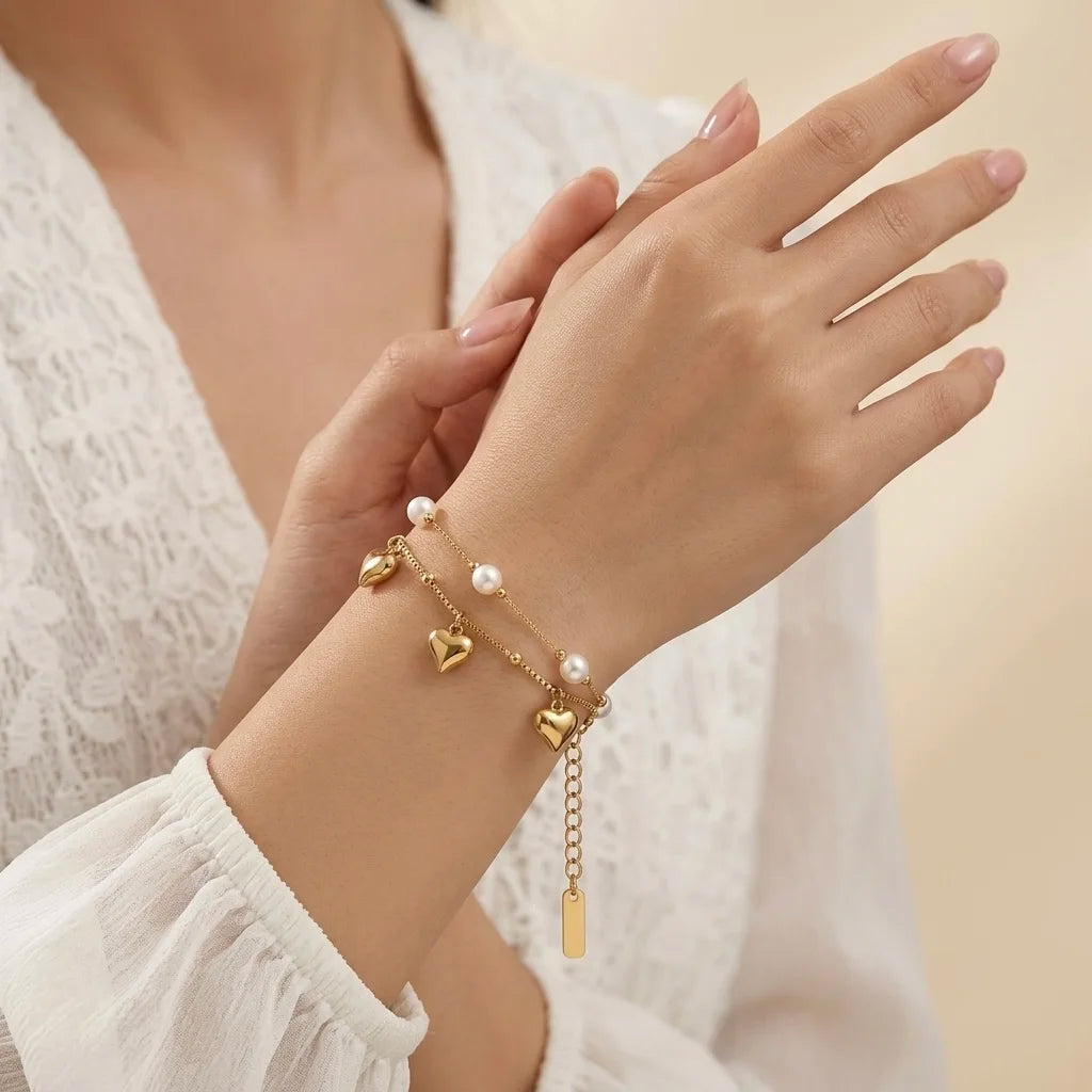18Kt Gold Plated Layered Heart Charm Pearl Bracelet