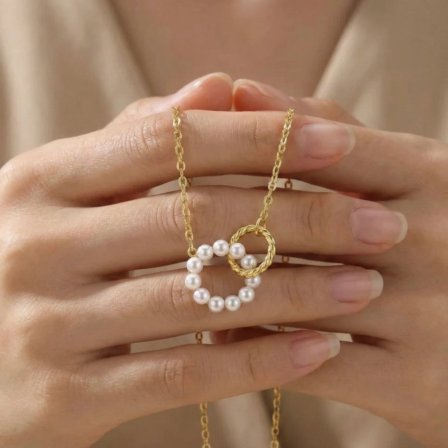 18KT Gold Plated Twin Ring Charm Pearl Necklace