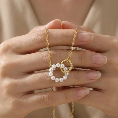 18KT Gold Plated Twin Ring Charm Pearl Necklace