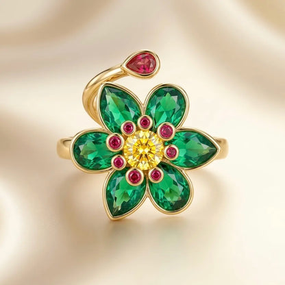 Adjustable, 18Kt Gold Plated Emerald Floral Cocktail Ring, Adjustable