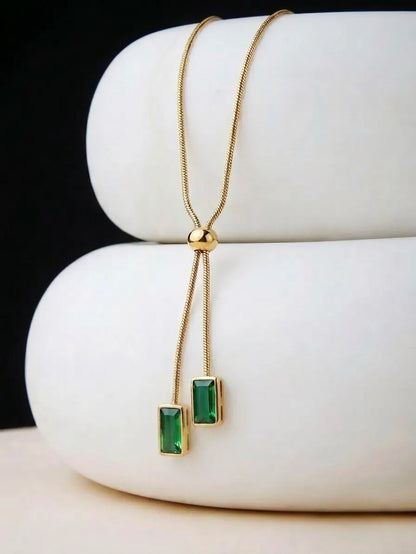 18Kt Gold Plated Green Crystal Y Drop Necklace