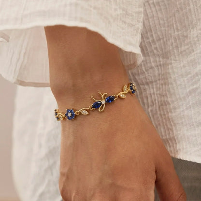 18Kt Gold Plated Sapphire Floral Bow Bracelet