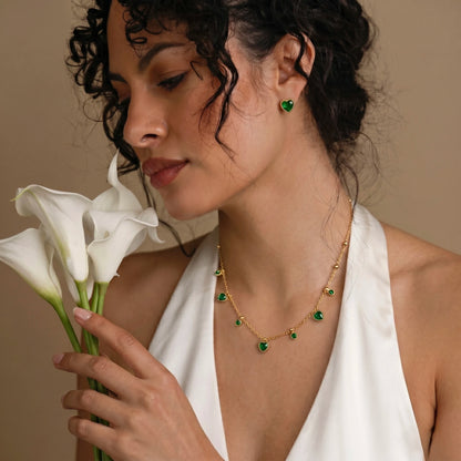 18Kt Gold Plated Green Stone Heart Necklace With Earrings