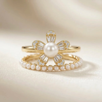 Adjustable, 18Kt Gold Plated Luxe Pearl Flower Stackable Rings