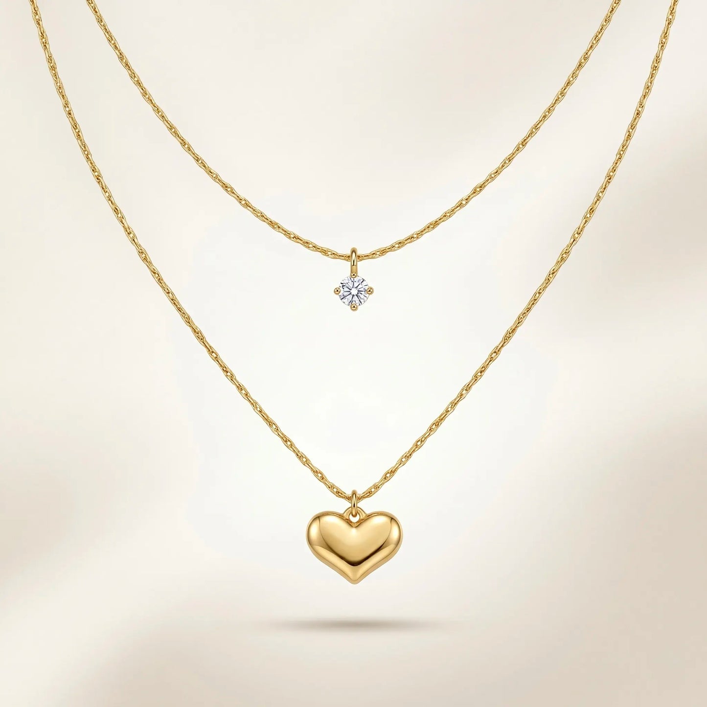 18Kt Gold Plated Heart & Solitaire Layered Necklace